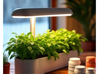 A cozy indoor scene with an urban hydroponic herb garden thriving under grow lights. A winter-themed gardening kit is open on a nearby table, showing components.
