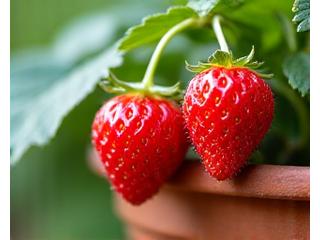 Vibrant red strawberries ripening on the vine in a container garden, covered in soft morning dew, symbolizing freshness and sweetness.