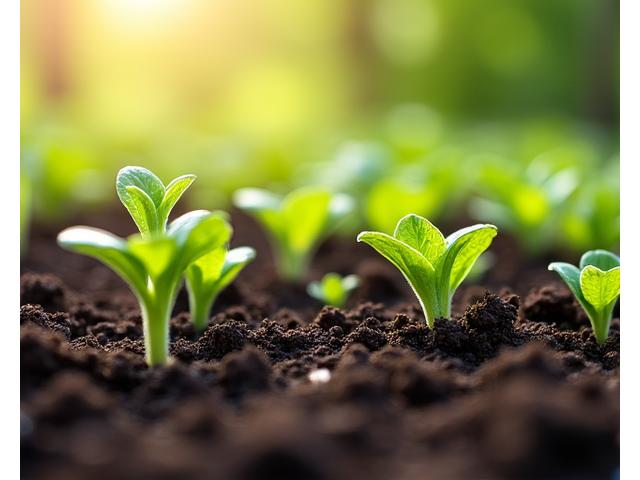 Freshly planted garden beds with young green shoots emerging, symbolizing new growth and the start of spring.