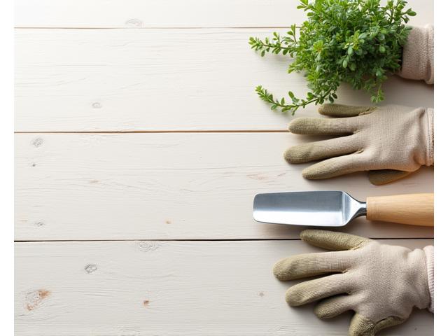 Essential gardening tools like a trowel, gloves, and small pruners neatly arranged