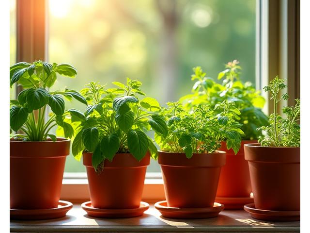 Lush summer herb garden thriving in terracotta pots
