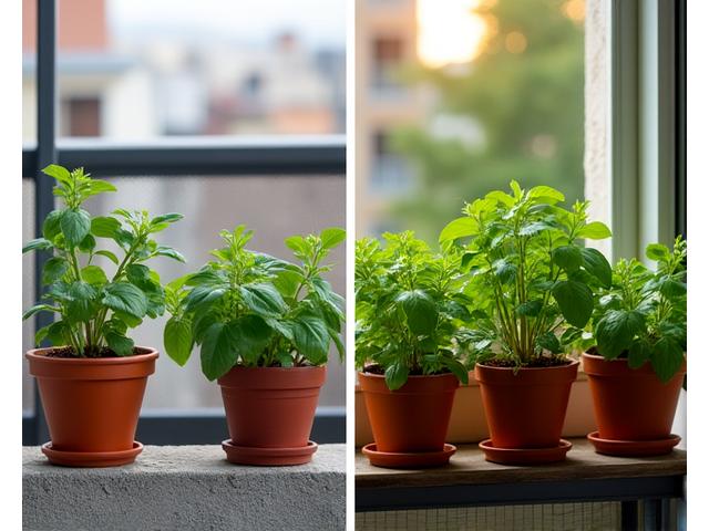 Before and after photos of Maria's thriving balcony herb garden in Toronto