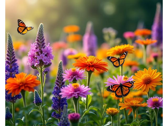 A vibrant garden bed teeming with various colorful blossoms like coneflowers, milkweed, and zinnias, with butterflies actively pollinating.