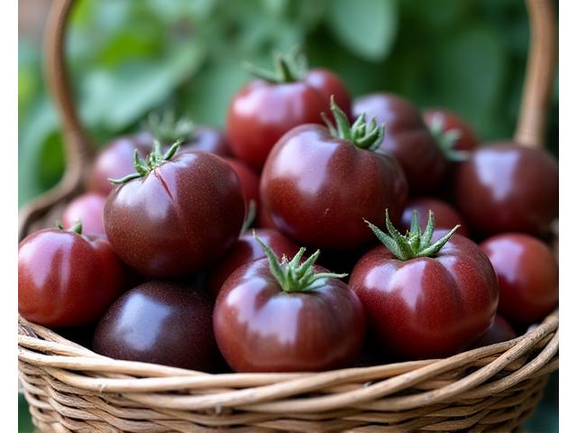 A basket filled with large, ripe 'Cherokee Purple' heirloom tomatoes, showing their unique purple-brown hue and slightly ribbed texture.