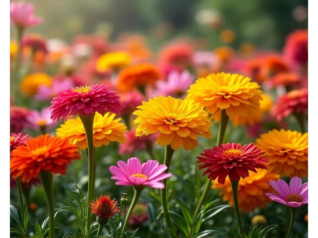 A diverse bed of brilliantly colored garden flowers, including zinnias, marigolds, and cosmos, buzzing with bees.