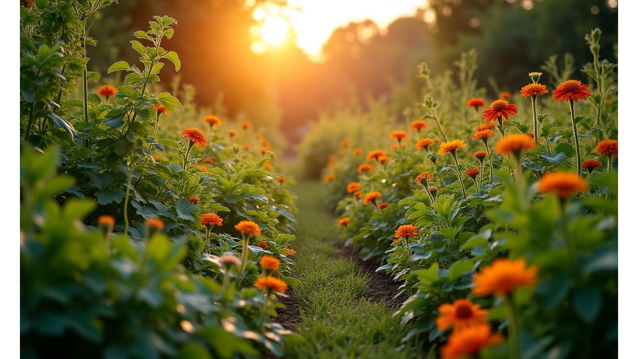 Vibrant, diverse home garden scene with lush vegetables, herbs, and bright flowers thriving under warm sunlight.