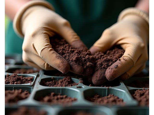 A gardener's gloved hands gently sifting rich, dark potting mix into seed-starting trays.