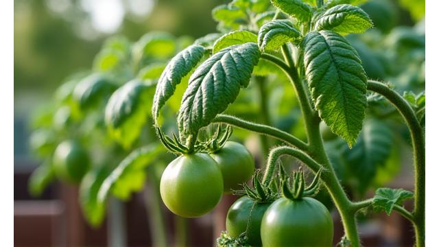 A close-up of healthy young tomato plants with green leaves and small green tomatoes, growing in a raised garden bed.
